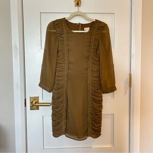 Khaki gathered chiffon mini dress